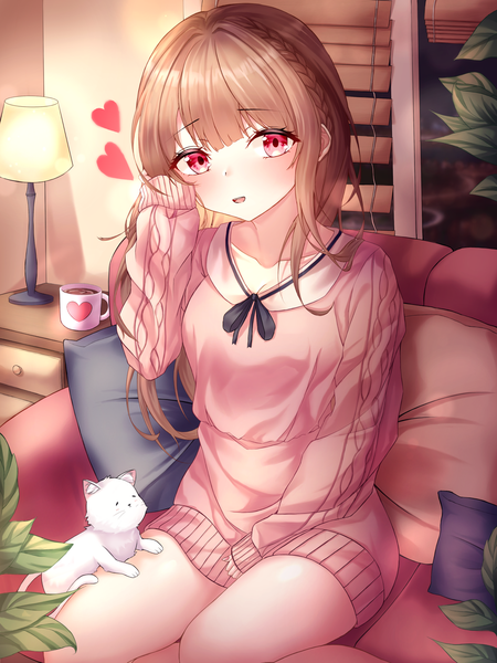 Anime picture 2100x2800 with original ttopang single long hair tall image looking at viewer blush fringe highres open mouth red eyes brown hair sitting payot indoors blunt bangs braid (braids) long sleeves nail polish head tilt