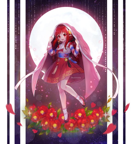 Anime picture 1616x1754 with dungeon and fighter mage (dungeon and fighter) elementalist (dungeon and fighter) milcona single long hair tall image looking at viewer fringe open mouth smile red eyes standing twintails signed ponytail red hair traditional clothes low twintails standing on one leg