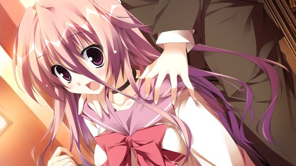 Anime picture 1024x576 with ikinari anata ni koishiteiru onigase tane long hair open mouth wide image purple eyes pink hair game cg girl serafuku