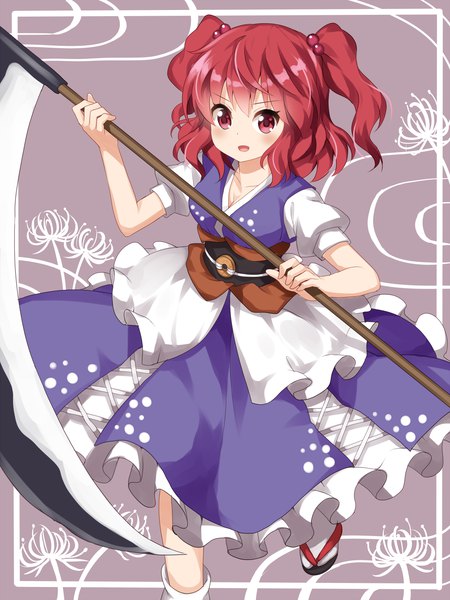 Anime picture 1000x1333 with touhou onozuka komachi ruu (tksymkw) single tall image looking at viewer blush short hair open mouth red eyes standing holding red hair short sleeves two side up puffy sleeves girl dress weapon socks