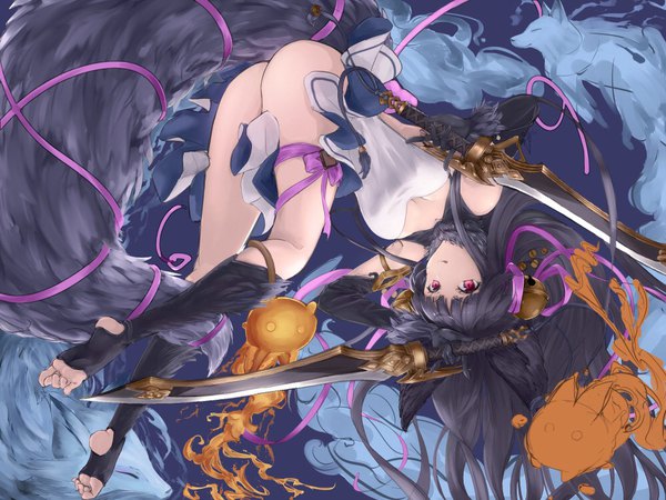 Anime picture 1000x750 with granblue fantasy yuel (granblue fantasy) coffee1223 single long hair looking at viewer light erotic black hair red eyes bare shoulders animal ears full body ass tail animal tail fox ears fox tail fox girl weightlessness hair bell