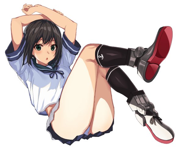 Anime picture 1404x1127 with kantai collection fubuki destroyer oweee single long hair looking at viewer blush fringe open mouth light erotic black hair simple background white background green eyes payot full body bent knee (knees) pleated skirt arms up :o