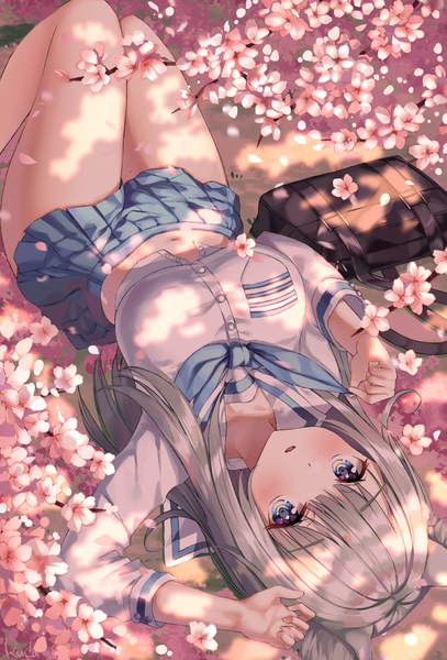 Anime picture 800x1179 with original ruda (ruda e) single long hair tall image looking at viewer blush fringe breasts open mouth blue eyes signed bent knee (knees) lying blunt bangs long sleeves pleated skirt from above grey hair arms up