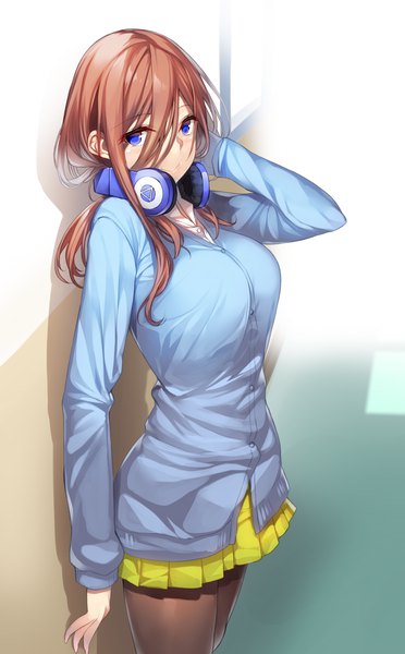 Anime picture 744x1200 with go-toubun no hanayome nakano miku yappen single long hair tall image looking at viewer blush fringe breasts blue eyes smile hair between eyes brown hair standing payot indoors long sleeves pleated skirt arm up