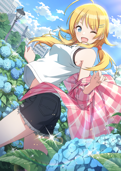 Anime picture 1254x1771 with idolmaster idolmaster shiny colors hachimiya meguru amochin single long hair tall image looking at viewer open mouth blue eyes blonde hair twintails sky cloud (clouds) ahoge outdoors one eye closed wink off shoulder sparkle