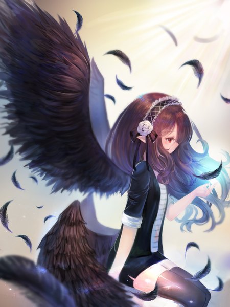 Anime picture 3000x4000 with original zonekiller10 single long hair tall image highres red eyes brown hair sitting looking away bent knee (knees) profile pointy ears outstretched arm magic black wings glow twisty sleeves multiple wings girl