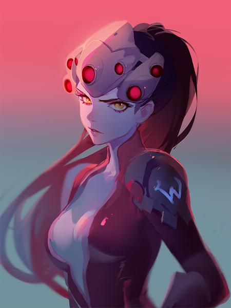 Anime picture 600x800 with overwatch blizzard entertainment widowmaker (overwatch) ask (askzy) single long hair tall image looking at viewer breasts light erotic black hair simple background yellow eyes upper body ponytail parted lips lips lipstick gradient background sideboob