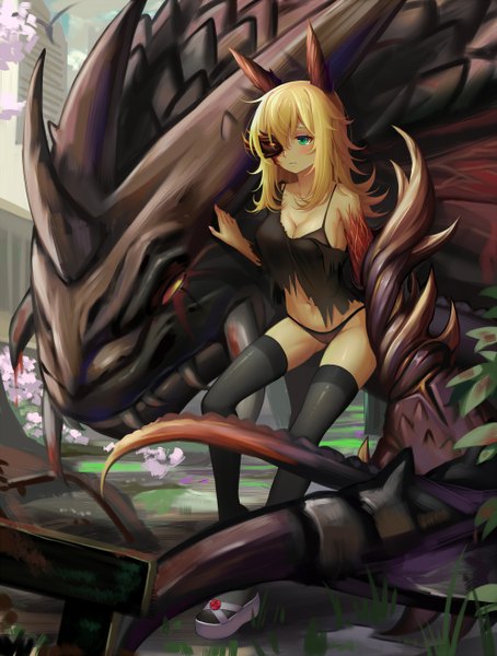 Anime picture 2000x2640 with original sonikey0 0 single long hair tall image looking at viewer blush highres light erotic blonde hair green eyes animal ears torn clothes fantasy girl thighhighs underwear panties black thighhighs black panties