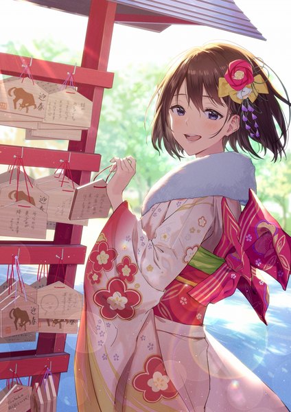 Anime picture 905x1280 with original haru (hiyori-kohal) single tall image looking at viewer blush fringe short hair open mouth smile hair between eyes brown hair standing purple eyes holding outdoors traditional clothes :d japanese clothes sunlight