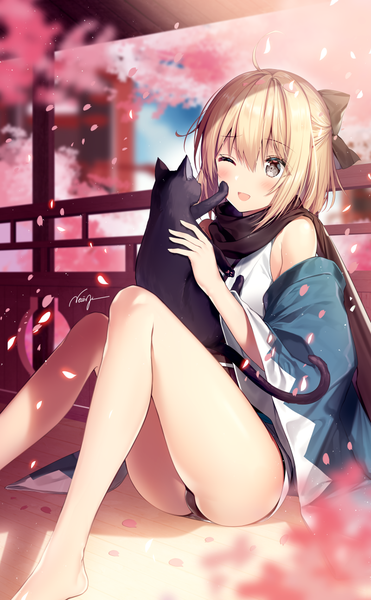 Anime picture 800x1292 with fate (series) fate/grand order koha-ace okita souji (fate) (all) okita souji (koha-ace) necomi (gussan) single tall image blush fringe short hair open mouth light erotic blonde hair smile hair between eyes sitting holding signed ahoge