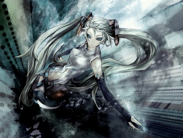 Anime picture 1748x1324 with vocaloid vocaloid append hatsune miku hatsune miku (append) ying (artist) single long hair highres smile twintails bare shoulders nail polish aqua eyes aqua hair girl gloves necktie elbow gloves fingerless gloves