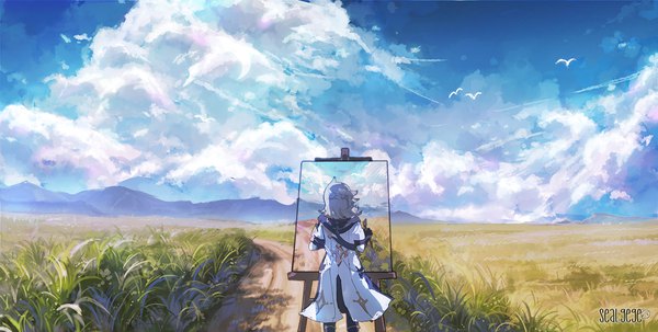Anime picture 1142x577 with genshin impact albedo (genshin impact) sealgege single short hair wide image standing signed sky cloud (clouds) outdoors grey hair from behind landscape boy sea picture road