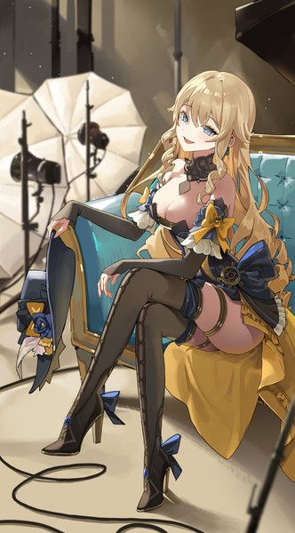 Anime picture 3249x5869 with genshin impact navia (genshin impact) sssong aa single long hair tall image looking at viewer fringe highres breasts open mouth blue eyes light erotic blonde hair hair between eyes large breasts sitting bare shoulders absurdres full body