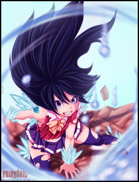 Anime picture 2271x2982 with fairy tail wendy marvell designerrenan single long hair tall image looking at viewer highres black hair purple eyes pleated skirt from above wind loli tattoo grin torn clothes coloring magic angry
