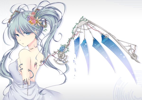 Anime picture 1612x1139 with vocaloid hatsune miku mokoppe blue eyes simple background white background twintails bare shoulders looking back hair flower grey hair wallpaper mechanical wings girl dress hair ornament wire (wires) strapless dress robot barcode