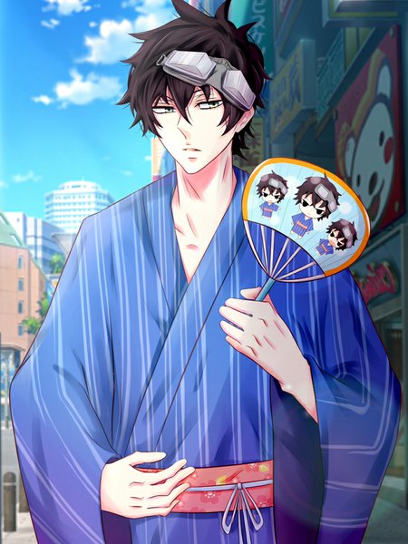 Anime picture 700x933 with karneval gareki (karneval) fishchan single tall image short hair black hair looking away sky cloud (clouds) outdoors traditional clothes japanese clothes city silver eyes goggles on head boy fan goggles yukata