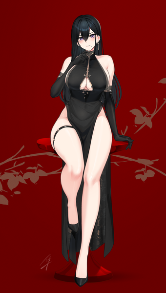 Anime picture 1895x3340 with original classy-black-haired girl (hayabusa) hayabusa single long hair tall image looking at viewer blush fringe highres breasts light erotic black hair smile hair between eyes large breasts sitting purple eyes bare shoulders payot