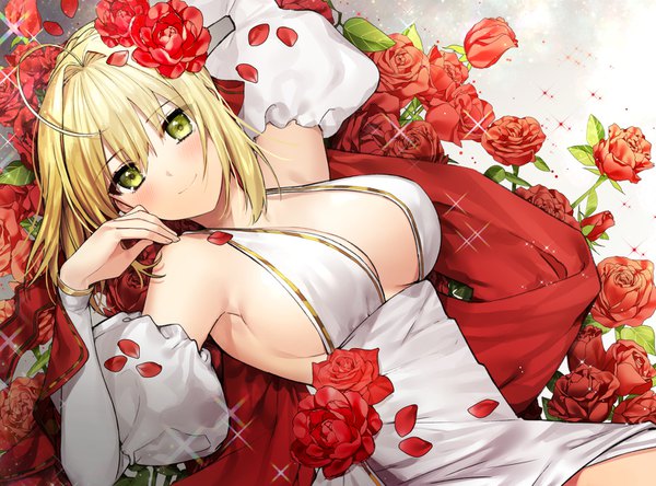 Anime picture 1504x1114 with fate (series) fate/extra nero claudius (fate) (all) nero claudius (fate) gambe single looking at viewer blush fringe short hair breasts light erotic blonde hair smile hair between eyes large breasts green eyes payot cleavage ahoge