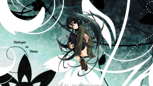 Anime picture 1920x1080 with shakugan no shana j.c. staff shana itou noiji single long hair looking at viewer highres blue eyes black hair wide image very long hair inscription wallpaper copyright name dark background girl thighhighs uniform flower (flowers)