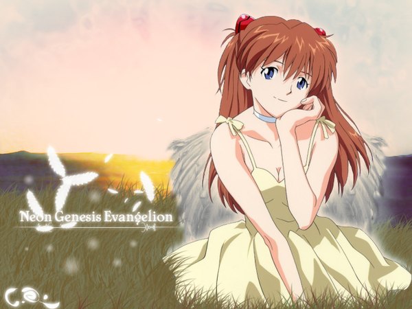 Anime picture 1280x960 with neon genesis evangelion gainax soryu asuka langley single long hair looking at viewer fringe blue eyes smile hair between eyes brown hair sitting bare shoulders sky cloud (clouds) outdoors sunlight copyright name angel wings chin rest