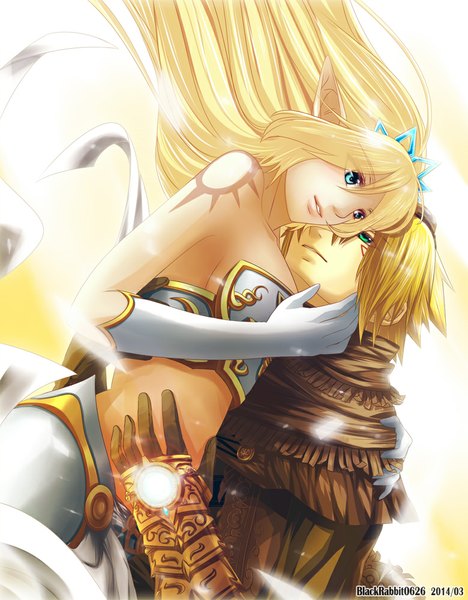 Anime picture 780x1000 with league of legends janna windforce ezreal (league of legends) blackrabbit0626 long hair tall image short hair blue eyes light erotic blonde hair green eyes pointy ears tattoo hug girl boy gloves elbow gloves white gloves