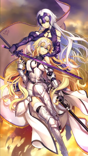 Anime picture 1700x3000 with fate (series) fate/grand order fate/apocrypha jeanne d'arc (fate) (all) jeanne d'arc alter (fate) jeanne d'arc (fate) jeanne d'arc alter (avenger) (third ascension) (fate) kingchenxi long hair tall image looking at viewer blue eyes blonde hair multiple girls yellow eyes white hair girl gloves hair ornament weapon
