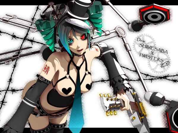 Anime picture 2000x1500 with vocaloid bacterial contamination (vocaloid) hatsune miku deino single highres breasts open mouth light erotic twintails bare shoulders aqua hair tattoo heterochromia drill hair girl thighhighs hair ornament ribbon (ribbons) black thighhighs