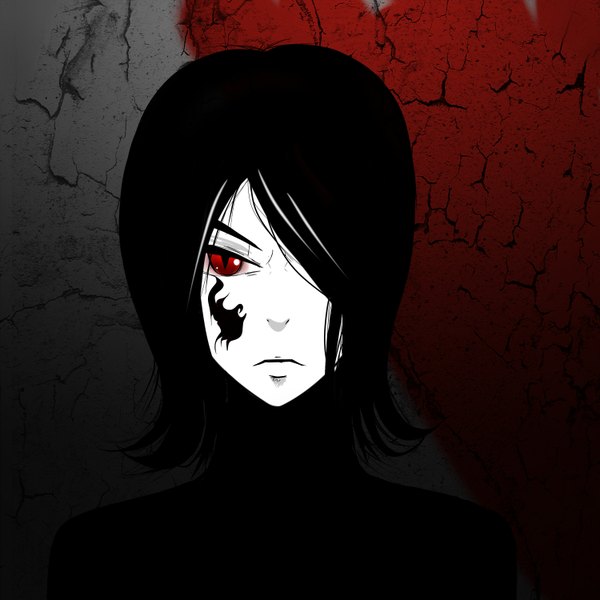 Anime picture 3000x3000 with original tagme (artist) single long hair looking at viewer fringe highres black hair red eyes hair over one eye tattoo girl