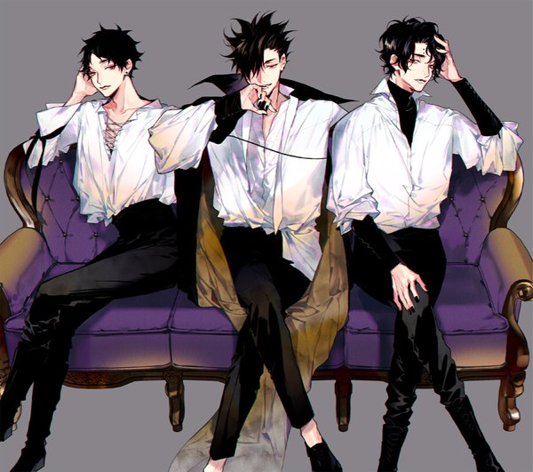 Anime picture 856x758 with haikyuu!! production i.g kuroo tetsurou akaashi keiji sakusa kiyoomi bian (pixiv2569191) looking at viewer fringe short hair black hair simple background red eyes sitting hair over one eye grey background multiple boys fang (fangs) alternate costume crossed legs hand on head