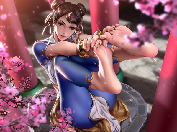 Anime picture 4000x3000 with street fighter street fighter 6 capcom chun-li liang xing single looking at viewer blush fringe highres short hair breasts light erotic brown hair large breasts sitting brown eyes absurdres full body bent knee (knees)