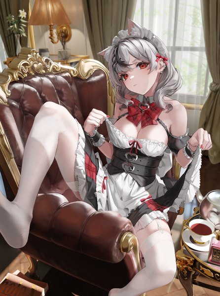 Anime picture 3782x5085 with virtual youtuber hololive sakamata chloe rasa k single tall image looking at viewer highres short hair light erotic red eyes sitting bare shoulders animal ears absurdres bent knee (knees) indoors nail polish head tilt multicolored hair