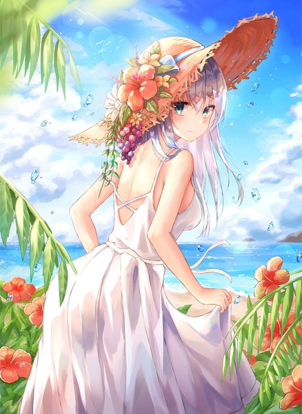 Anime picture 1200x1642 with original lkeris single long hair tall image looking at viewer blush fringe blue eyes hair between eyes bare shoulders sky silver hair cloud (clouds) outdoors depth of field horizon dress lift girl dress