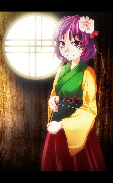 Anime picture 1000x1618 with touhou hieda no akyuu s-syogo single tall image short hair smile purple eyes purple hair japanese clothes hair flower girl hair ornament book (books)
