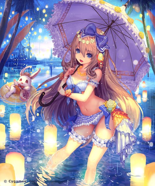 Anime-Bild 2083x2500 mit shingeki no bahamut tachikawa mushimaro (bimo) long hair tall image looking at viewer fringe highres open mouth blonde hair holding wind bare belly midriff wet evening rain scenic jpeg artifacts girl navel