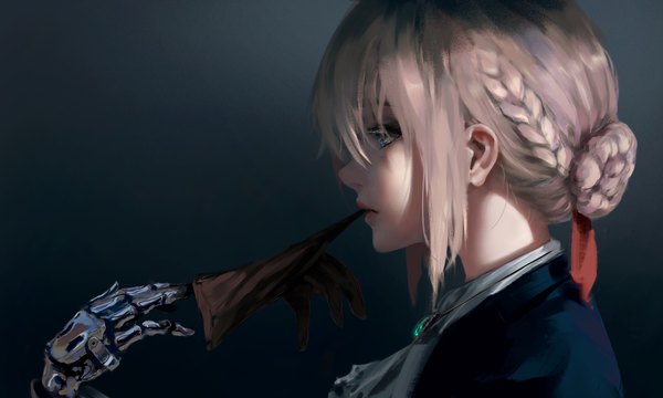 Anime picture 5000x3000 with violet evergarden kyoto animation violet evergarden (character) wlop single fringe highres short hair blue eyes simple background blonde hair hair between eyes wide image holding payot looking away absurdres upper body braid (braids) profile