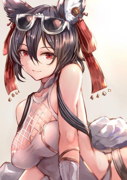 Anime picture 1446x2046 with granblue fantasy ilsa (granblue fantasy) suke single tall image looking at viewer fringe short hair breasts light erotic black hair simple background hair between eyes red eyes large breasts bare shoulders animal ears upper body light smile gradient background
