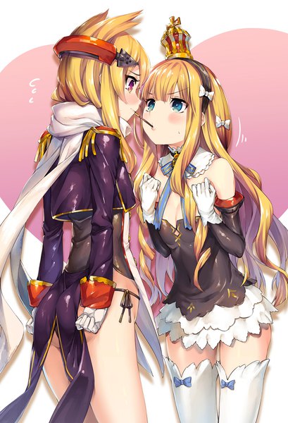 Anime picture 1500x2200 with azur lane queen elizabeth (azur lane) warspite (azur lane) akanagi youto long hair tall image blush blue eyes light erotic blonde hair multiple girls cleavage profile pink eyes embarrassed shoujo ai face to face eye contact flying sweatdrops pocky kiss