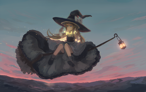 Anime picture 3500x2217 with touhou kirisame marisa mifuru single long hair fringe highres blue eyes blonde hair smile sitting looking away absurdres sky full body blunt bangs braid (braids) short sleeves puffy sleeves magic