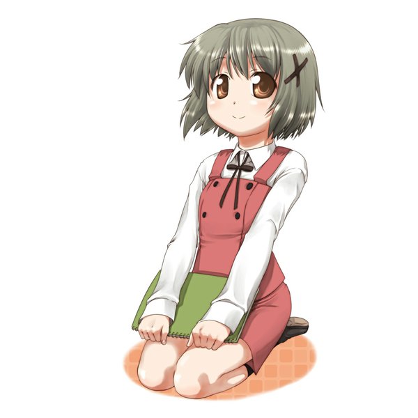 Anime picture 1100x1100 with hidamari sketch shaft (studio) yuno ttomm (artist) single short hair simple background smile white background brown eyes grey hair squat girl x hair ornament