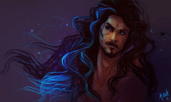 Anime picture 1149x687 with zenithon single long hair blue eyes black hair simple background wide image signed blue hair multicolored hair two-tone hair boy beard mustache