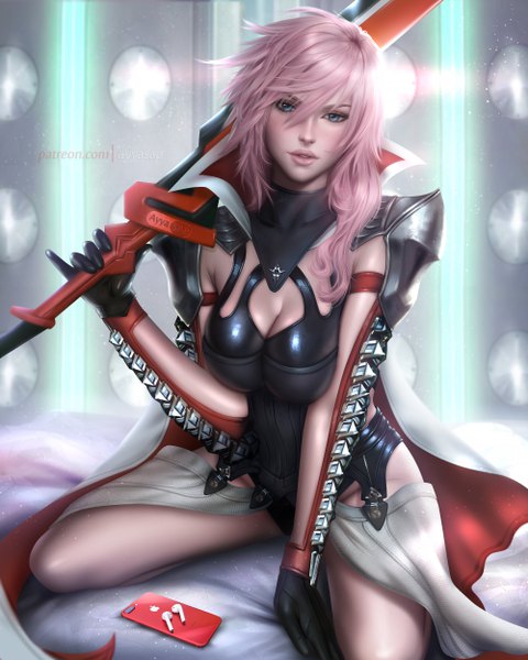 Anime-Bild 4000x5000 mit final fantasy final fantasy xiii square enix lightning farron ayyasap single long hair tall image looking at viewer fringe highres breasts blue eyes light erotic hair between eyes large breasts holding signed pink hair absurdres