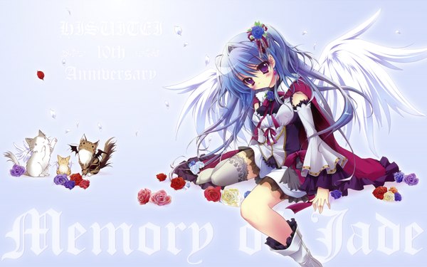 Anime picture 1920x1200 with izumi tsubasu long hair blush highres wide image sitting purple eyes bare shoulders blue hair hair flower angel wings bat wings girl thighhighs hair ornament flower (flowers) white thighhighs wings rose (roses) cat