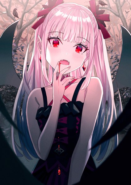 Anime picture 1131x1600 with original koh rd single long hair tall image looking at viewer blush fringe open mouth red eyes standing bare shoulders payot pink hair upper body outdoors blunt bangs nail polish head tilt fingernails