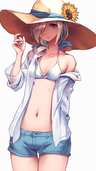 Anime picture 719x1280 with original oopartz (grooooovy) single long hair tall image looking at viewer fringe blue eyes simple background standing white background silver hair hair over one eye bare belly thigh gap low ponytail arm behind back girl navel flower (flowers)