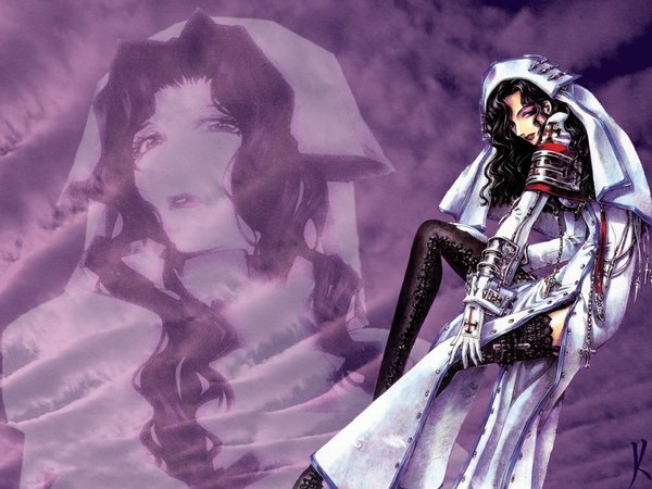 Anime picture 1024x768 with trinity blood gonzo bor noelle long hair black hair smile cloud (clouds) wavy hair zoom layer thighhighs gloves cross