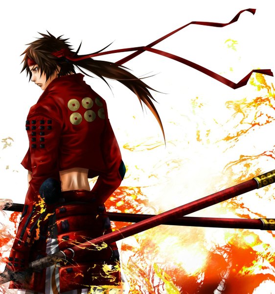 Anime picture 1260x1344 with sengoku basara production i.g sanada yukimura single tall image short hair simple background brown hair brown eyes ponytail boy ribbon (ribbons) weapon jacket armor