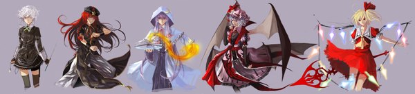 Anime picture 7784x1778 with touhou flandre scarlet remilia scarlet izayoi sakuya patchouli knowledge hong meiling yi denka long hair highres short hair blue eyes blonde hair simple background red eyes wide image purple eyes multiple girls purple hair silver hair ponytail