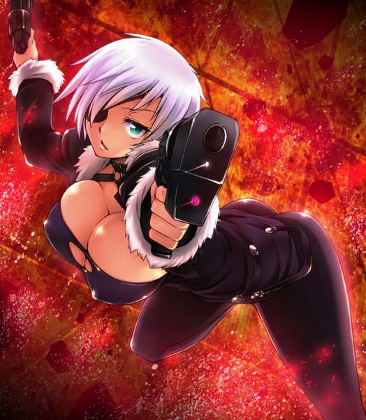 Anime picture 909x1040 with taimanin asagi taimanin (series) aina winchester hisakawa chin single tall image looking at viewer fringe short hair breasts light erotic large breasts holding cleavage silver hair ass aqua eyes hair over one eye fur trim torn clothes