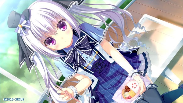 Anime picture 800x450 with d.s. -dal segno- circus (studio) kouzuki io single long hair looking at viewer fringe hair between eyes wide image sitting twintails purple eyes payot game cg silver hair from above dutch angle lolita fashion 2015 girl