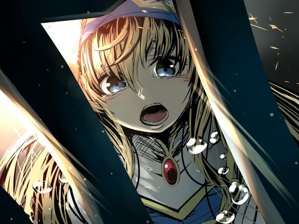 Anime-Bild 1200x900 mit goblin slayer! white fox goblin slayer priestess (goblin slayer!) decchi oyabun (artist) long hair looking at viewer blush fringe open mouth blue eyes simple background blonde hair hair between eyes upper body teeth tears crying pov girl